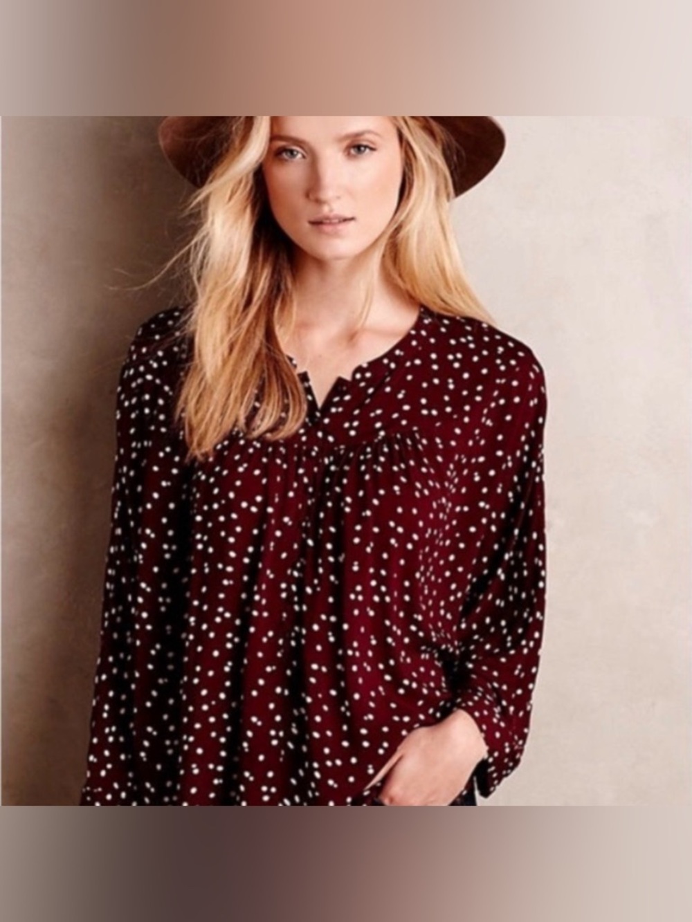 Anthropologie // Maeve Linden Burgundy Polka Dot Blouse